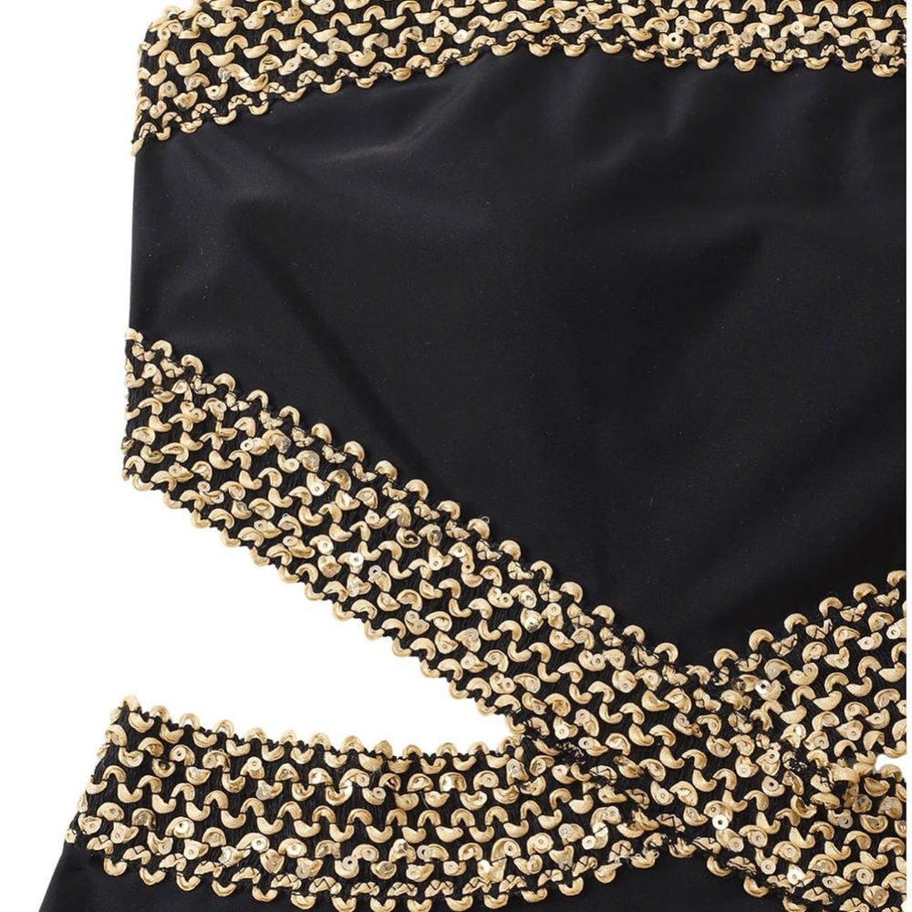 Strapless Black One-Piece Swimsuit with Gold Chain Accents - Picture 4 of 6